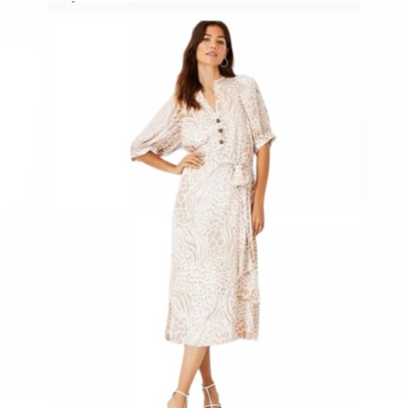 Ann Taylor Cream Animal Print Midi Dress in medium - Picture 2 of 13